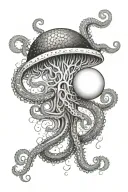 The tentacles stretch from the bottom up. In the center is a New Year's ball. On top is a jellyfish. The tentacles intertwine the New Year's ball tattoo design idea