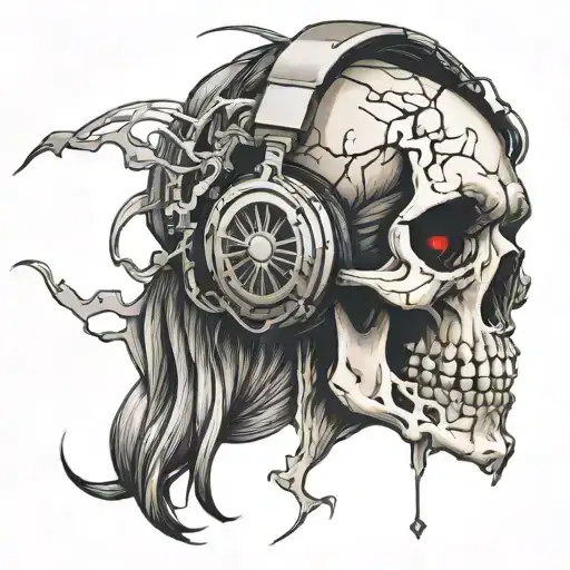 cracked skull wearing headphones tattoo design idea