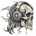 cracked skull wearing headphones tattoo design idea