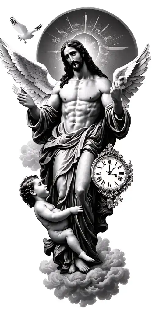Jesus heaven clouds doves baby an angel and a clock tattoo design idea