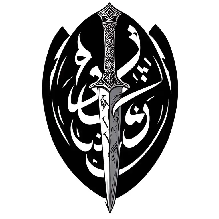 Arabian dagger, designed in Arabic calligraphy, he sentence should say no turning back in Arabic  tattoo design idea