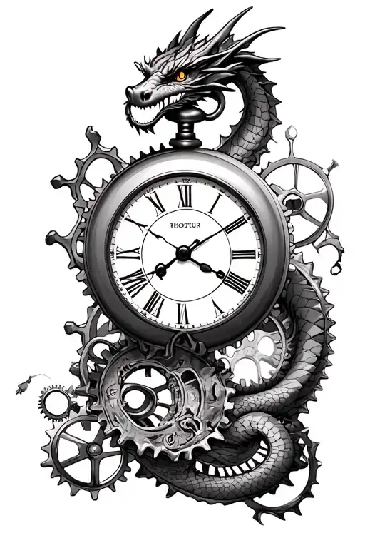 dragon and broken pocket watch surrounded by gears tattoo design idea