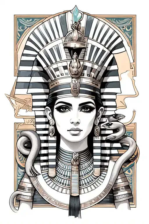 beautiful Cleopatra VII with pharaoh crown and snake around her neck  tattoo design idea
