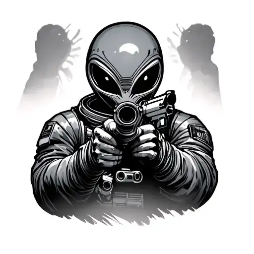 alien with a gun facing a human astronaut pointing it at him with camera angle behind the alien humans hands are up.  tattoo design idea
