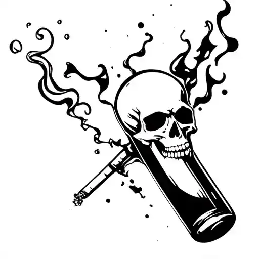 a broken wine bottle, with the smoke of a cigarette burning underneath the pieces in the shape of a skull tattoo design idea