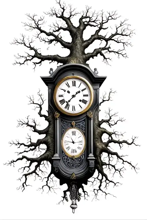 grandfather clock growing roots tattoo design idea