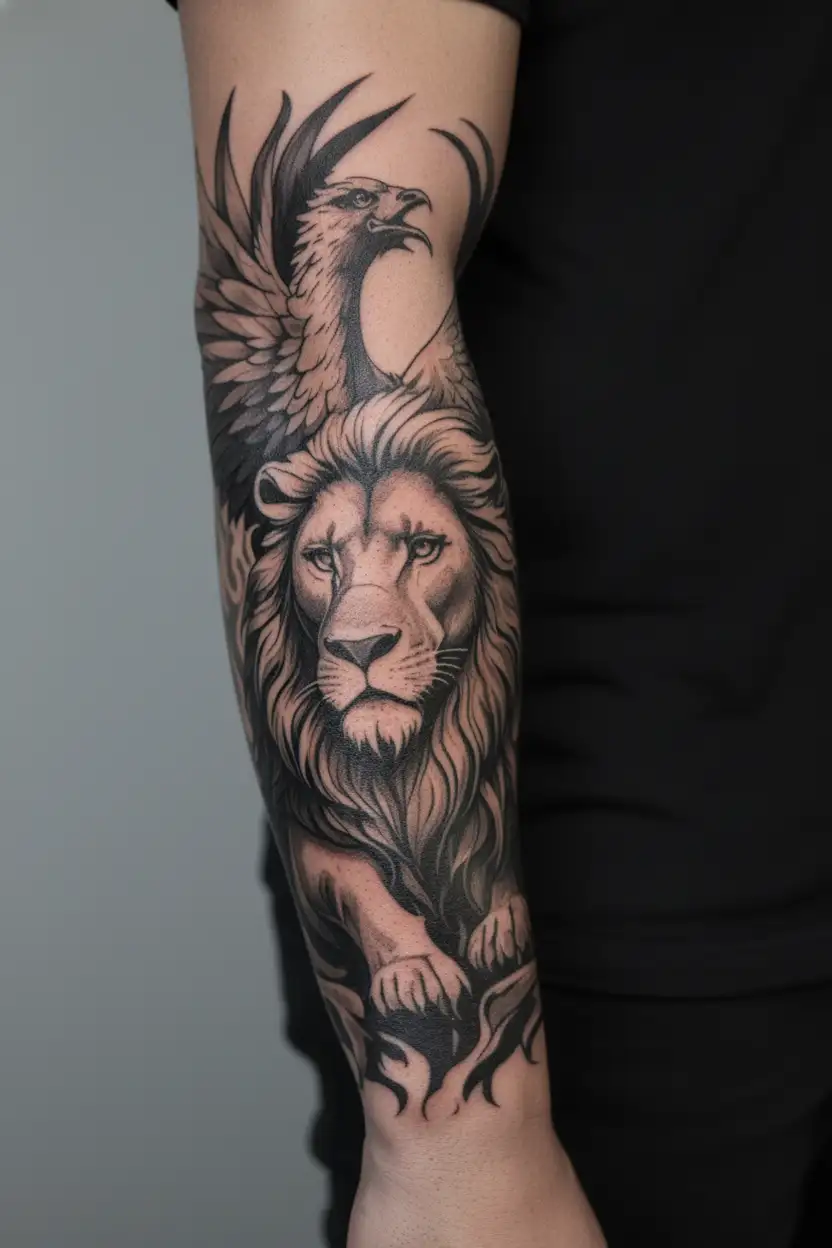 lion and phoenix rising from the ashes tattoo design idea