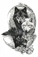 white wolf and black wolf looking into water reflection tattoo design idea