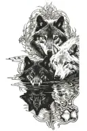 white wolf and black wolf looking into water reflection tattoo design idea