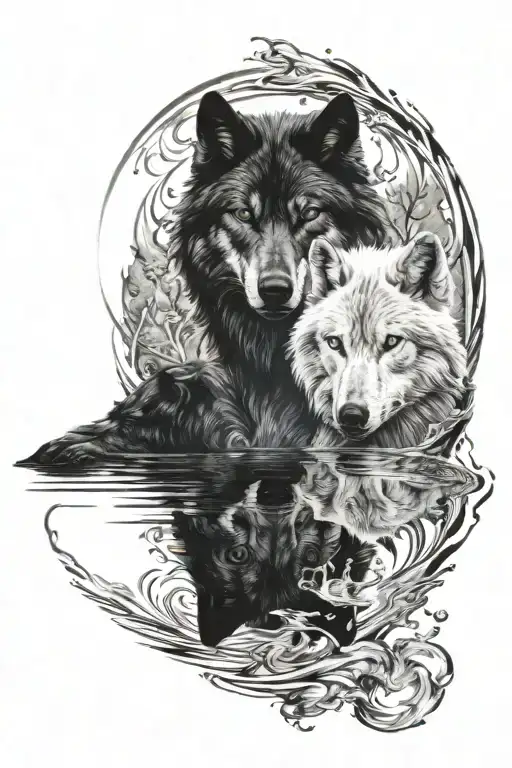 white wolf and black wolf looking into water reflection tattoo design idea
