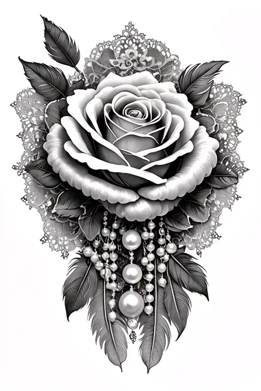 rose, pearl necklace draped, lace, feathers tattoo design idea