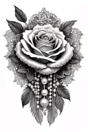 rose, pearl necklace draped, lace, feathers tattoo design idea