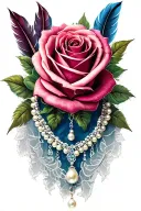 rose, pearl necklace draped, lace, feathers tattoo design idea