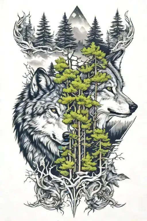 wolf in howling forest scene tattoo design idea
