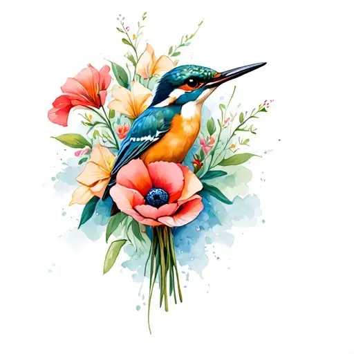 Kingfisher with poppy and gladiolus bouquet tattoo design idea