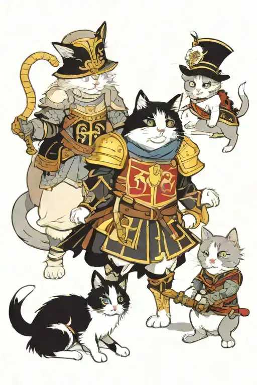 4 cats, 2 ragdolls, 1 grey and white, and 1 tabb in different period armour suits ranging from medieval to feudal japan  tattoo design idea