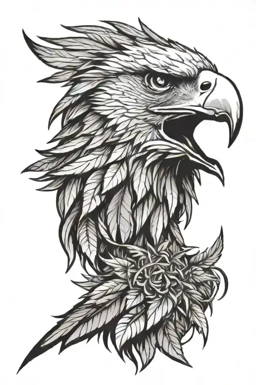 Layered eagle head portrait. Inner feathers detailed, outer feathers shaped like cannabis leaves, radiating outwards. tattoo design idea