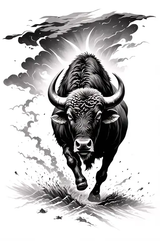 realistic buffalo running into storm tattoo design idea
