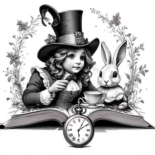 Alice In Wonderland coming out of a book with the Mad hatter sipping tea, the white rabbit looking at the pocket watch tattoo design idea