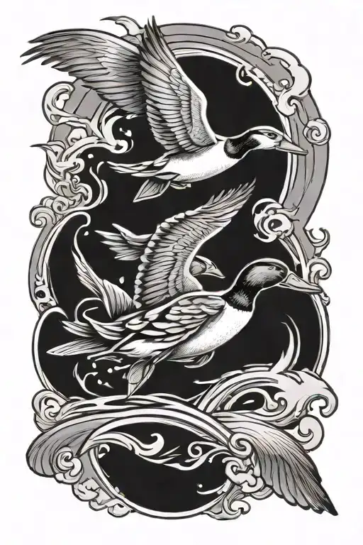 ducks flying fish swimming upstream tattoo design idea