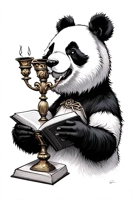 A panda head that eats a book and holds a baroque candlestick in his other detail. tattoo design idea