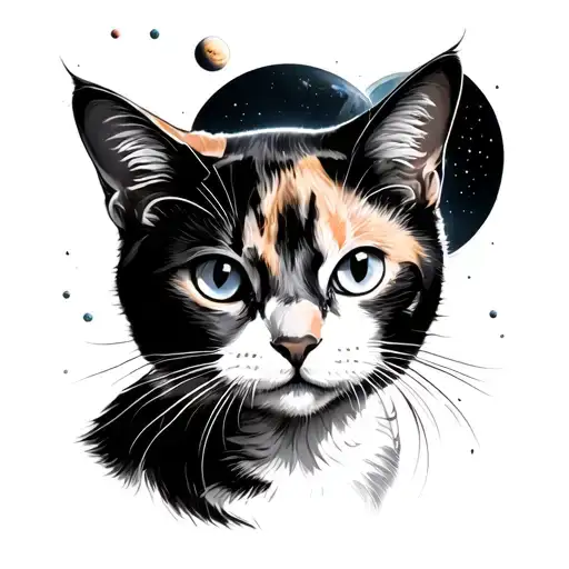 A simple calico cat with whiskers black and white and the planet venus around it  tattoo design idea