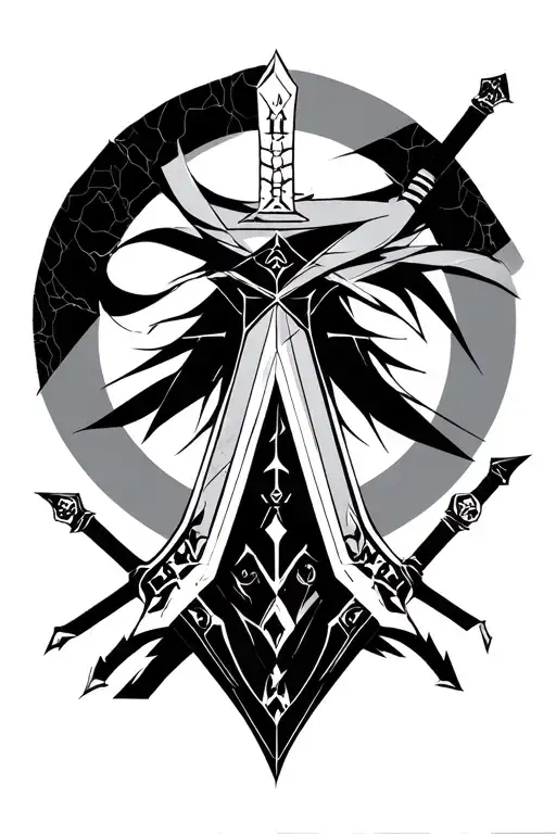 Black-and-white geometric anime tattoo in collage style. Zoro as the main centerpiece at the bottom in three-sword stanc tattoo design idea