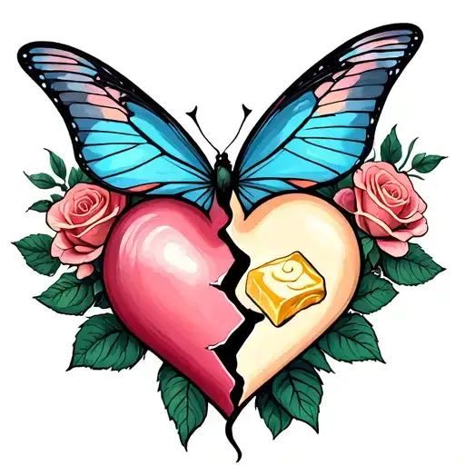 small broken heart with butter fly an roses blooming tattoo design idea
