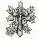 the word Evangelion under a simple wooden cross tattoo design idea
