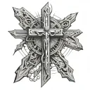 the word Evangelion under a simple wooden cross tattoo design idea