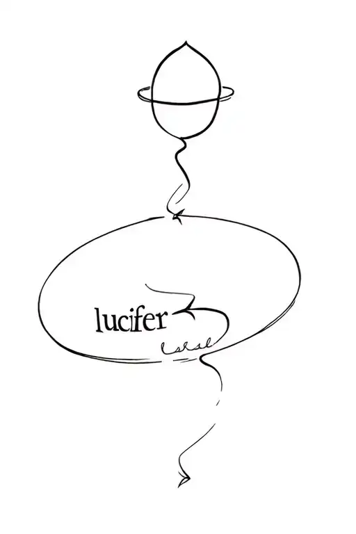 a thread forming the shape of a ring on the wedding ring finger and connected to the word "lucifer" on the wrist tattoo design idea