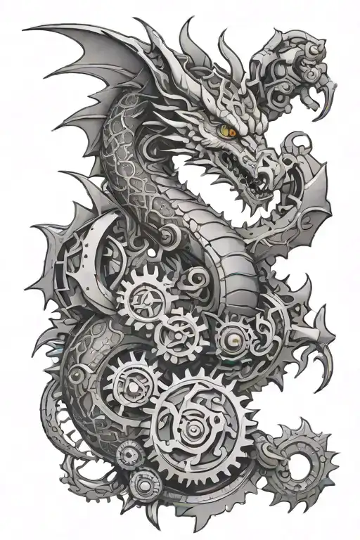 An intricately designed dragon intertwined with gears and tools, representing the mechanic occupation tattoo design idea