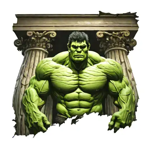 incredible hulk standing between two roman columns forming the roman numeral 2 tattoo design idea