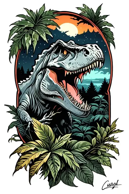 jurassic park style tattoo with some plants, a T-rex and the night sky encased in amber. only black and white tattoo design idea