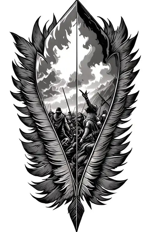 stone arrowhead, feathers with reflection of a battle scene showing in the arrow to symbolize my battle with cancer tattoo design idea