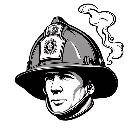 70s British firefighter station officer helmet with smoke in background  tattoo design idea
