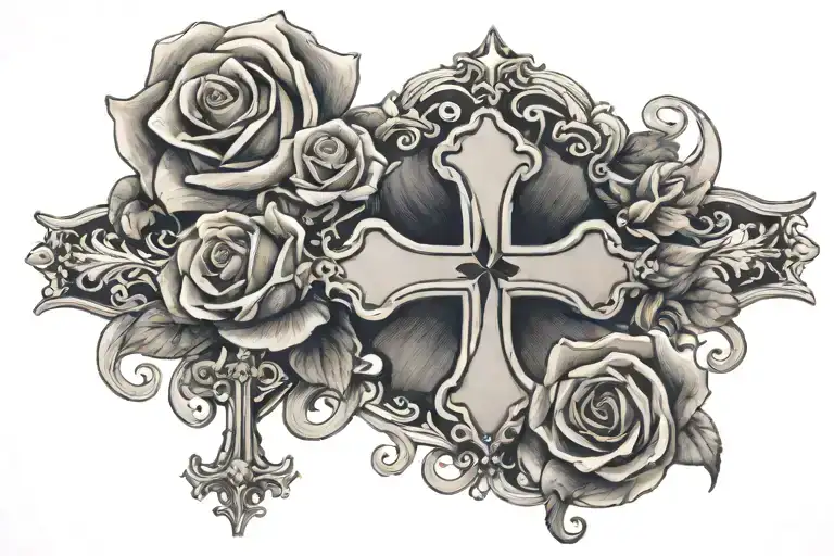 rose armband with gothic cross tattoo design idea