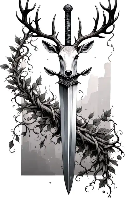 very thin swords wrapped  with deer head handle small leaves running vines tattoo design idea