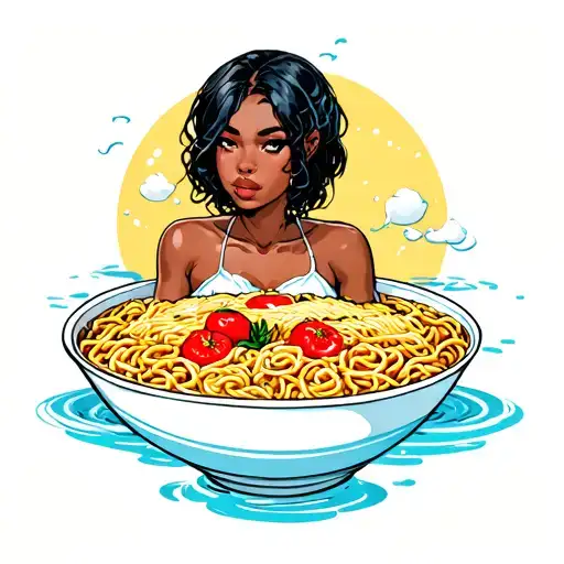 black woman bathing in a ramen bowl filled tattoo design idea