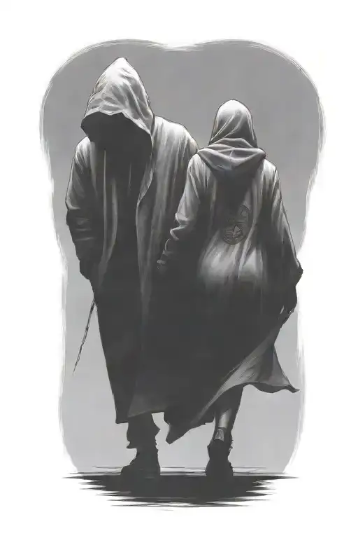 a woman and a huge hooded demon walking away together tattoo design idea