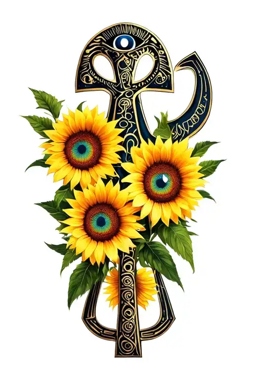 Sunflowers and ankh symbol with eye tattoo design idea