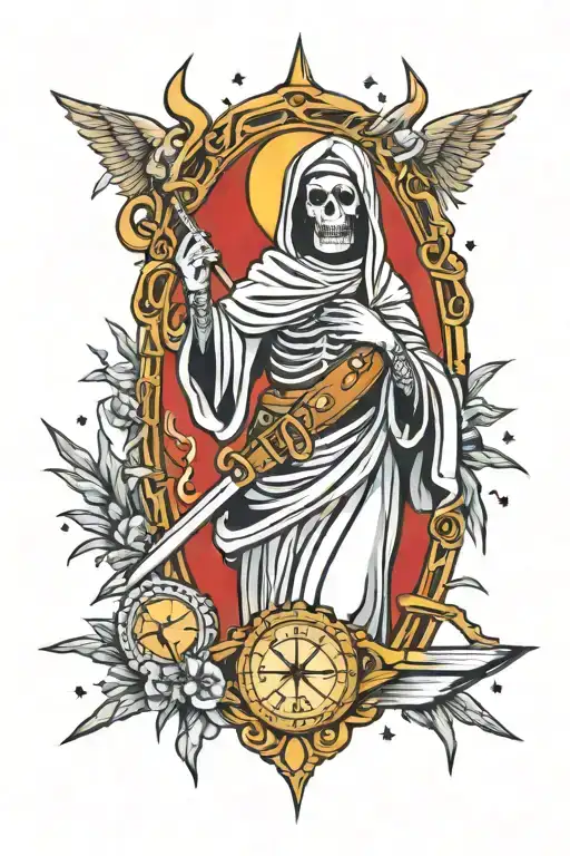 VIRGIN MARY AS SKELETON WEARING BELT OF BULLETS WITH FALLING STARS, MISSILES, POCKET WATCH, RAZOR BLADE tattoo design idea