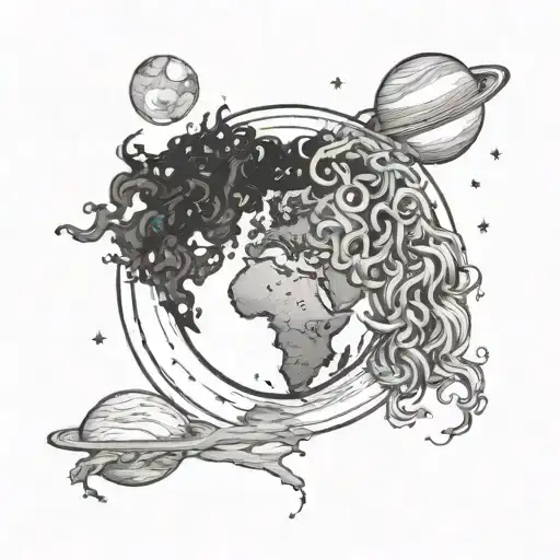 a round shape that resembles planet earth, on the shape a girl with curly hair tattoo design idea
