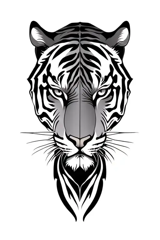 tiger half face and tribal lines only use black tattoo design idea