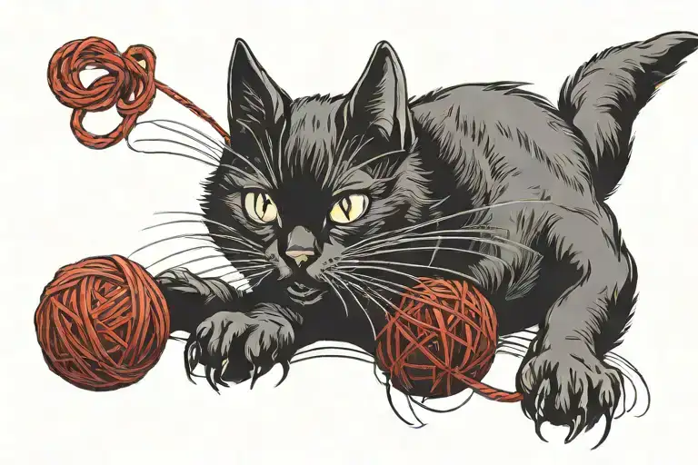 2d black cat playing with red yarn ball tattoo design idea