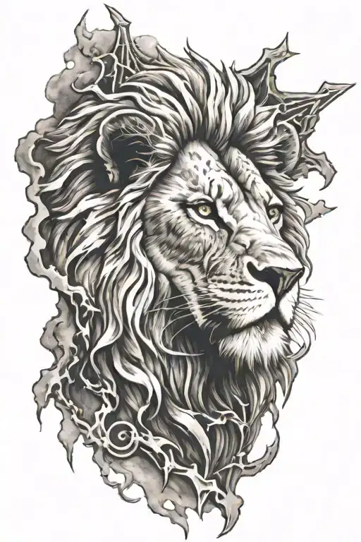 lion with scars with cross with lightning clouds in background  tattoo design idea