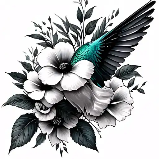 bright coloured humming bird incorporating black and white flowers to go from shoulder blade o chest on a woman tattoo design idea