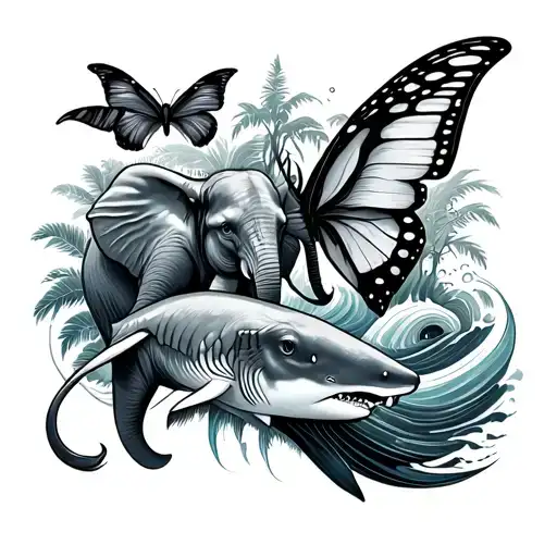 a tattoo that includes maleficient, a butterfly, elephant, poison tree, whale shark, wave, and a semi colon tattoo design idea