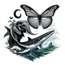 a tattoo that includes maleficient, a butterfly, elephant, poison tree, whale shark, wave, and a semi colon tattoo design idea
