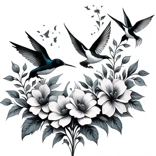 8/23/24 with flowers and humming birds flying away tattoo design idea